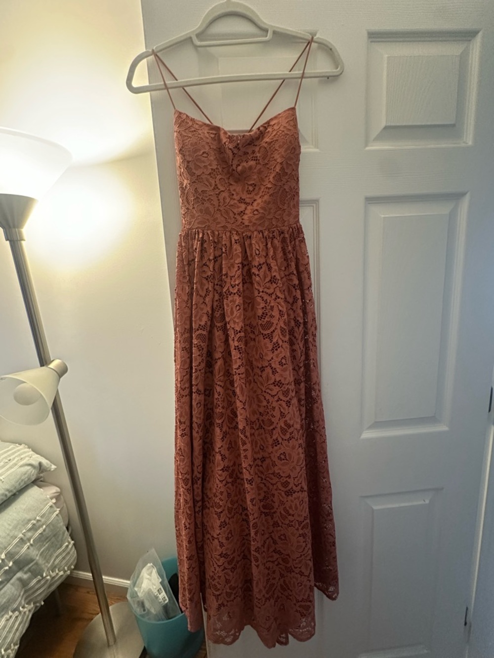 BHLDN Dusty Rose Lace Spaghetti-Strap Midi Dress